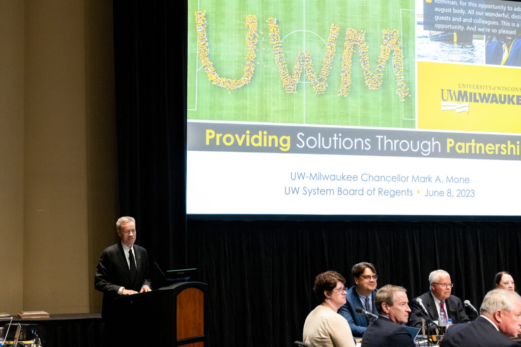 Photo of UWM Chancellor Mone's presentation, "Providing Solutions Through Partnerships" (Photo by UWM)