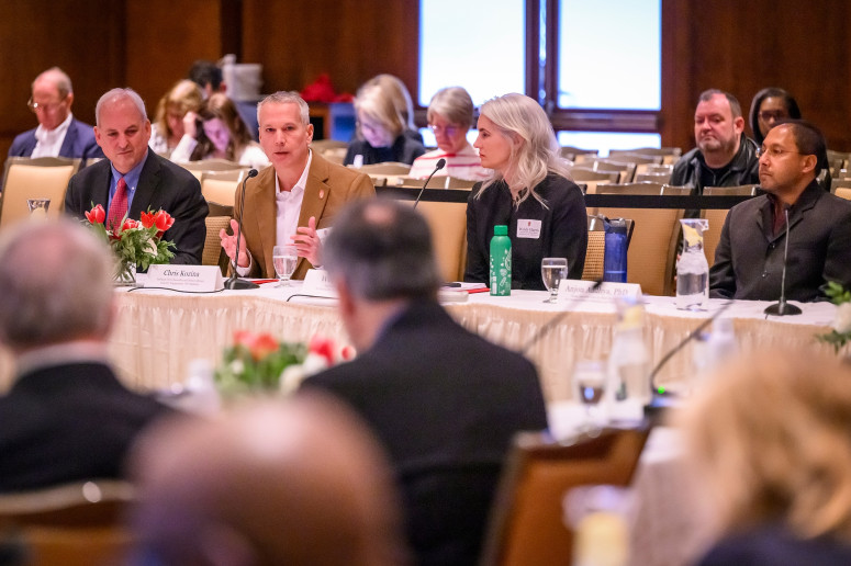 Photo of Chris Kozina, assistant vice chancellor and senior advisor on industry engagement in University Relations, speaking about strengthening public-private partnerships during a panel discussion at the UW Board of Regents meeting on Feb. 9. Photo: Althea Dotzour