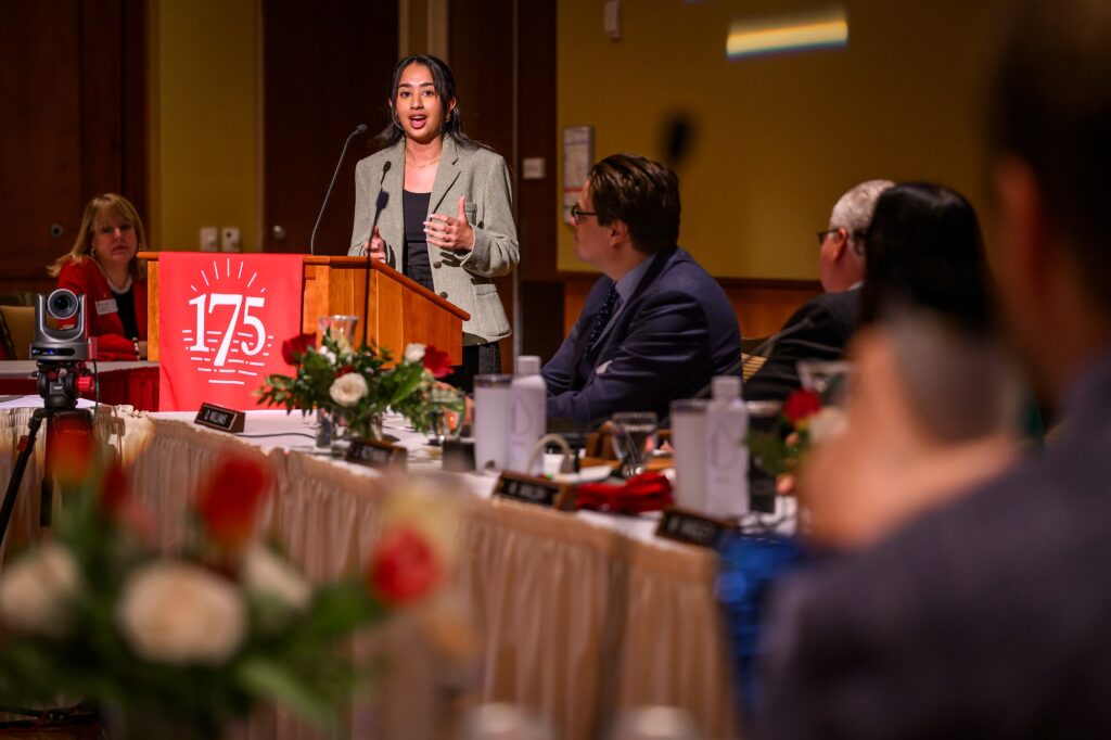 Photo of Amanpreet Kaur Sehra, Student Spotlight speaker and UW–Madison undergraduate student, speaking during the UW Board of Regents meeting hosted at Union South at the University of Wisconsin–Madison on Feb. 9, 2024. (Photo by Althea Dotzour / UW–Madison)