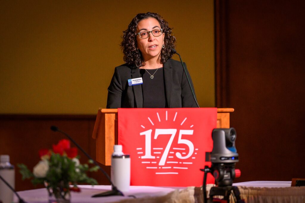 Photo of Glendalí Rodríguez, provost and vice chancellor for academic affairs at UW–Stout, speaking after receiving a Regents’ Diversity Award during the the UW Board of Regents meeting hosted at Union South at the University of Wisconsin–Madison on Feb. 9, 2024. (Photo by Althea Dotzour / UW–Madison)