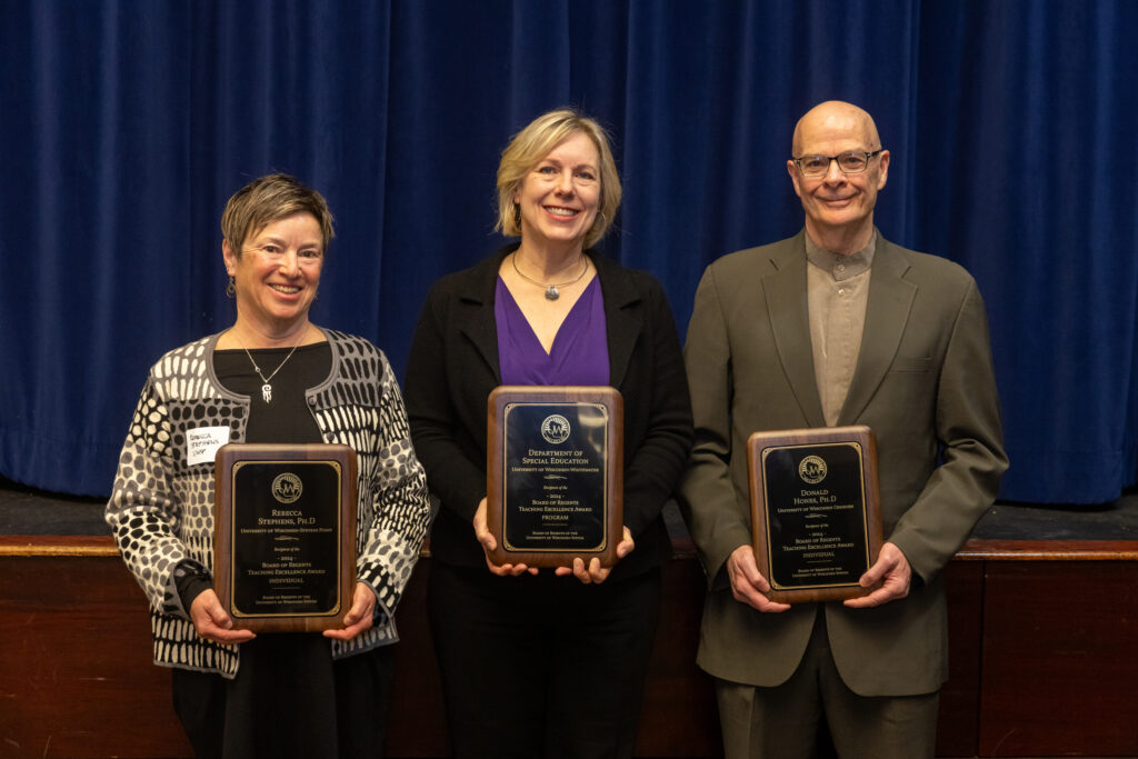 Photo of recipients of the Board of Regents 2024 Teaching Excellence Awards: The Board of Regents 2024 Teaching Excellence Award recipients (from left): Dr. Rebecca Stephens, UW-Stevens Point; Department Chair Amy Stevens accepting the program award on behalf of the Special Education Program, UW-Whitewater; and Dr. Donald Hones, UW Oshkosh. (Photo by Andy McNeill/UW-Platteville)