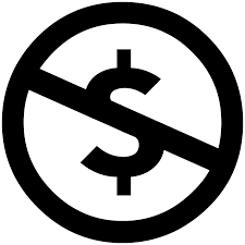 A dollar sign with a line through it surrounded by a circle. The Creative Commons symbol stands for non-commercial permissions.