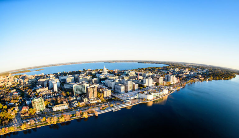 Aerial view of Madison isthmus and UW-Madison campus