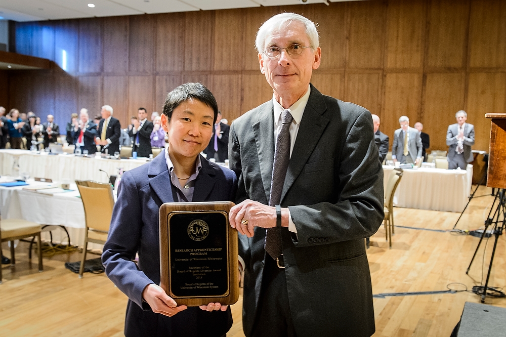 Catherine Chan (left), director of the Undergraduate Research Program at UW-Whitewater, and Regent Tony Evers