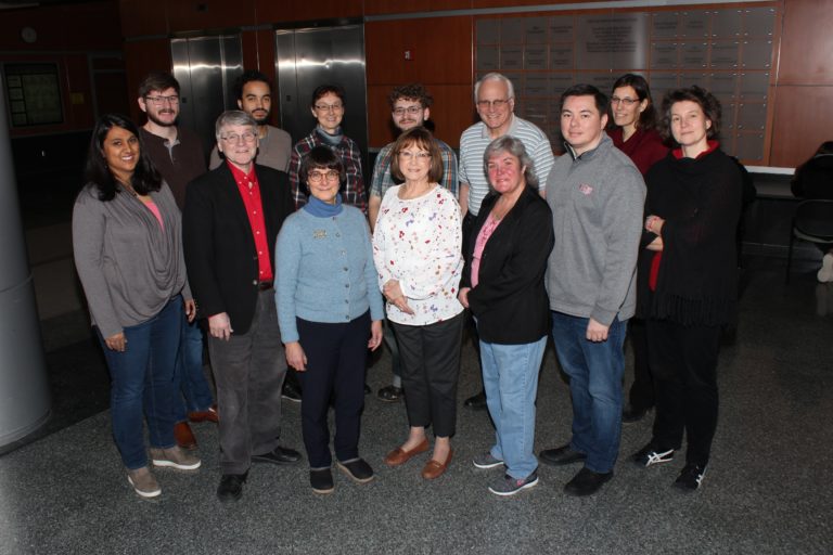 Photo of members of the Department of Chemistry Climate and Diversity Committee including: Front row, from left: Desiree Bates, Robert Hamers, Judith Burstyn, Karen Stephens, Kristi Heming, AJ Boydston, and Heike Hofstetter. Back row, from left: Wesley B Swords, Zachary Jones, Silvia Cavagnero, Sam Wood, Matthew Sanders, and Cheri Barta. Not pictured: Andrew Greenberg (Photo by Tatum Lyles Flick/UW-Madison)