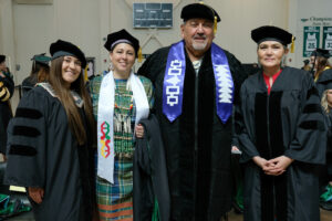 Photo of UW-Green Bay First Nations Ed.D. May 2022 graduating class: (from left) Rosa Yekuhsiyo King, Oneida Nation; Crystal Lepscier, Little Shell Tribe; Artley Skenandore, Oneida Nation; and Vicki Young, Lac Courte Oreilles Band of Lake Superior Chippewa. (Photo courtesy of Artley Skenandore)