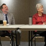 Jeremy Page of UW-Milwaukee and DeAnn Possehl of UW-Parkside seated at equity plenary panel at UW System Navigate and Advising Workshop March 2023 at UW-Stevens Point