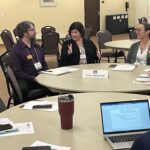 2 tables of a Faculty Engagement breakout session with 3 people at one table and papers and a laptop captured at the other table at the UW System Navigate and Advising Workshop March 9, 2023, at UW-Stevens Point