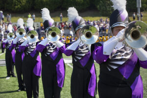 Photo of the UW-Whitewater Marching band debuting new, redesigned uniforms at the home opener football game at Perkins Stadium where the Warhawks defeated Mary Hardin-Baylor on Saturday, Sept.10, 2022. (UW-Whitewater photo/Craig Schreiner)