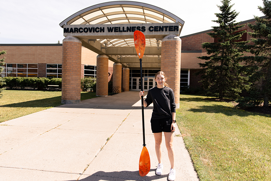 McKenna Nash, a UW-Superior student majoring in outdoor recreation and native of Rhinelander, enjoys a campus job guiding summer Community Paddle events. (Photo by UW-Superior Marketing and Communications)