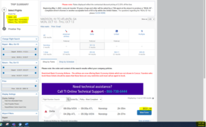 Screenshot of Concur page with dates and price highlighed 