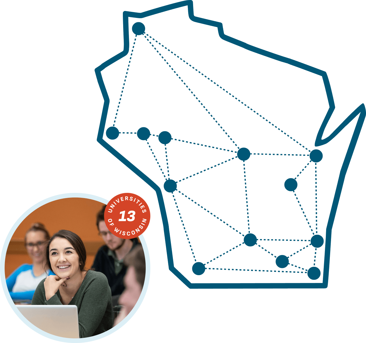 Universities map on Wisconsin outline