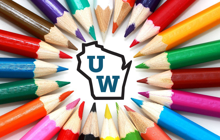 The Universities of Wisconsin log surrounded by colored pencils. Created using Image by PublicDomainPictures from Pixabay.