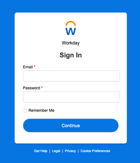 Erroneous login page showing Workday logo and email and password fields.