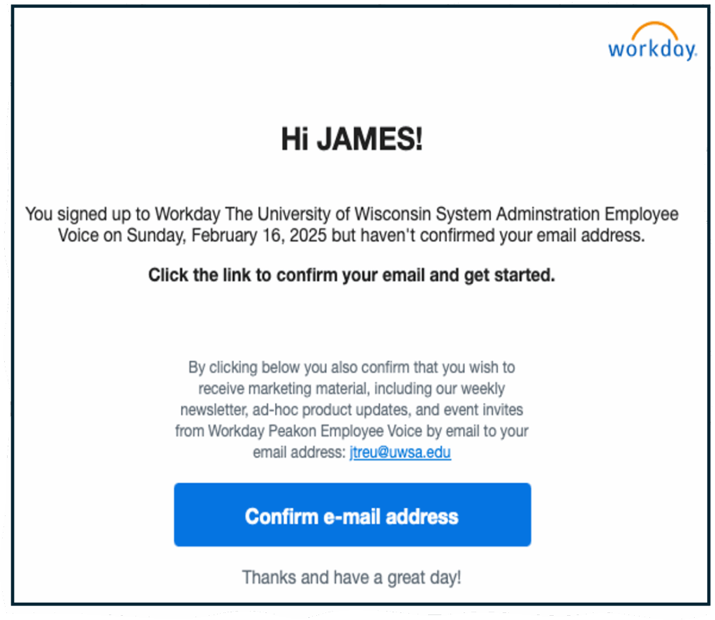 Fake service offering prompting a user to confirm their email address.